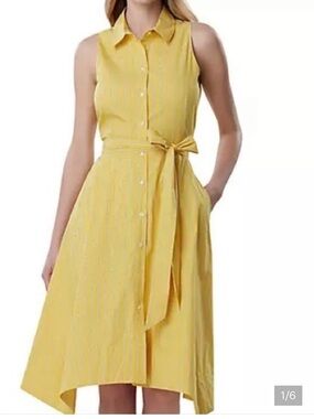 Tahari Yellow Sleeveless Shirt Dress with Tie Waist